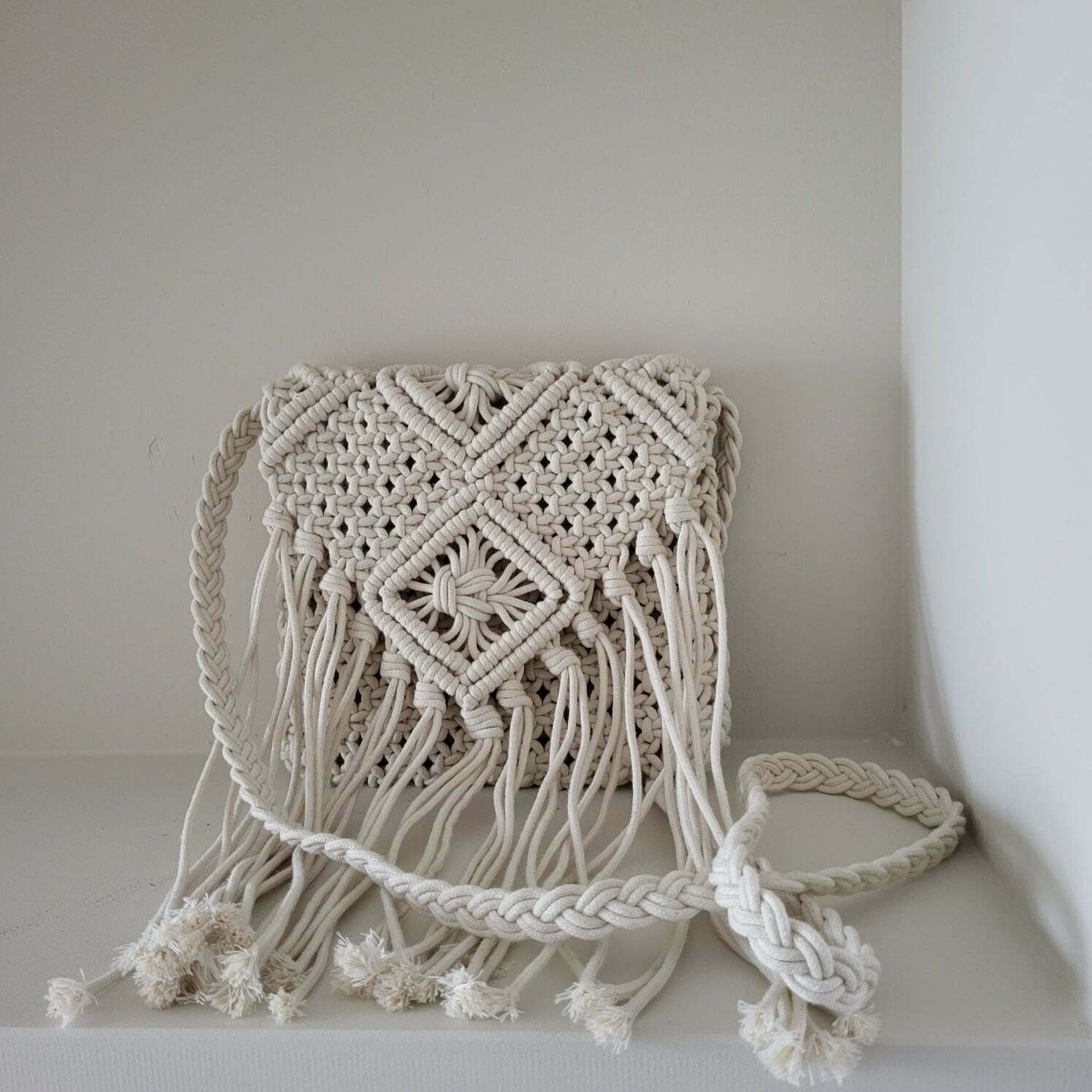 Macramé tasje ivoor